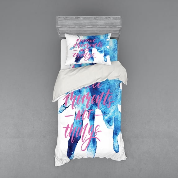 Saying Duvet Cover Set, Watercolor Splatters and Calligraphy Stains Concept Expressing, Bedding Set with Shams and Fitted Sheet, 3 Sizes, by Ambesonne