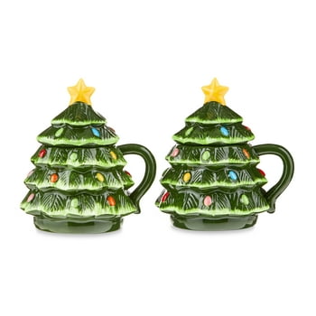 Mr. Christmas Ceramic Decorative Christmas Tree Lidded Mugs, 16oz, Set of 2, Green