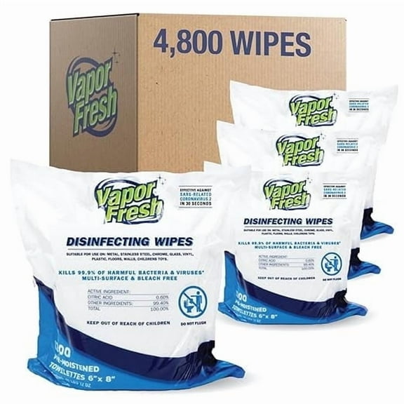 Vapor Fresh Disinfecting Wipes - 1200 Count x 4 Rolls (4,800 Total Wipes) Plant Powered Commercial Grade Disinfectant For Gym Equipment, Fitness Studios, Spas - Bulk Refill Rolls
