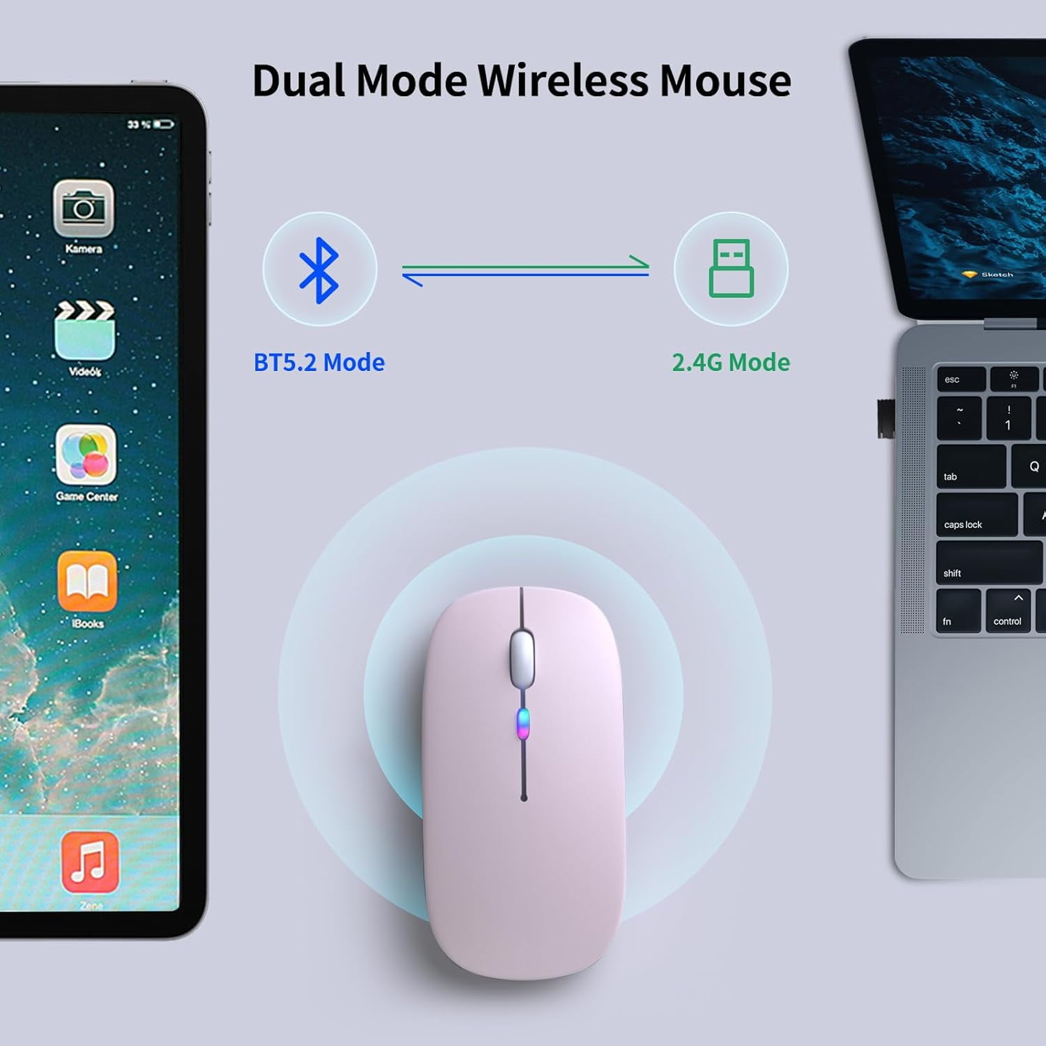 Wireless Bluetooth Mouse – Rechargeable, Silent, Dual Mode (Bluetooth 5.2 & USB) with LED Lights – Portable for Laptop, Desktop, & Tablet(Black)