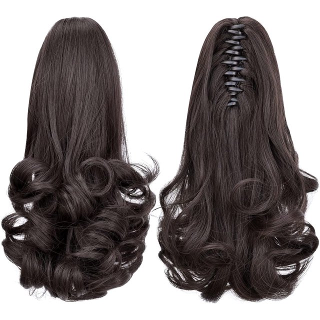 HSHDLDF Extension de Queue de Cheval, Extensions de Cheveux Griffes 12 Pouces Queue de Cheval Courte et Bouclée à Clip, Extension de Cheveux Queue de Cheval à l'Apparence Naturelle, Postiche Synthétique pour Femmes (Brun Très Foncé)