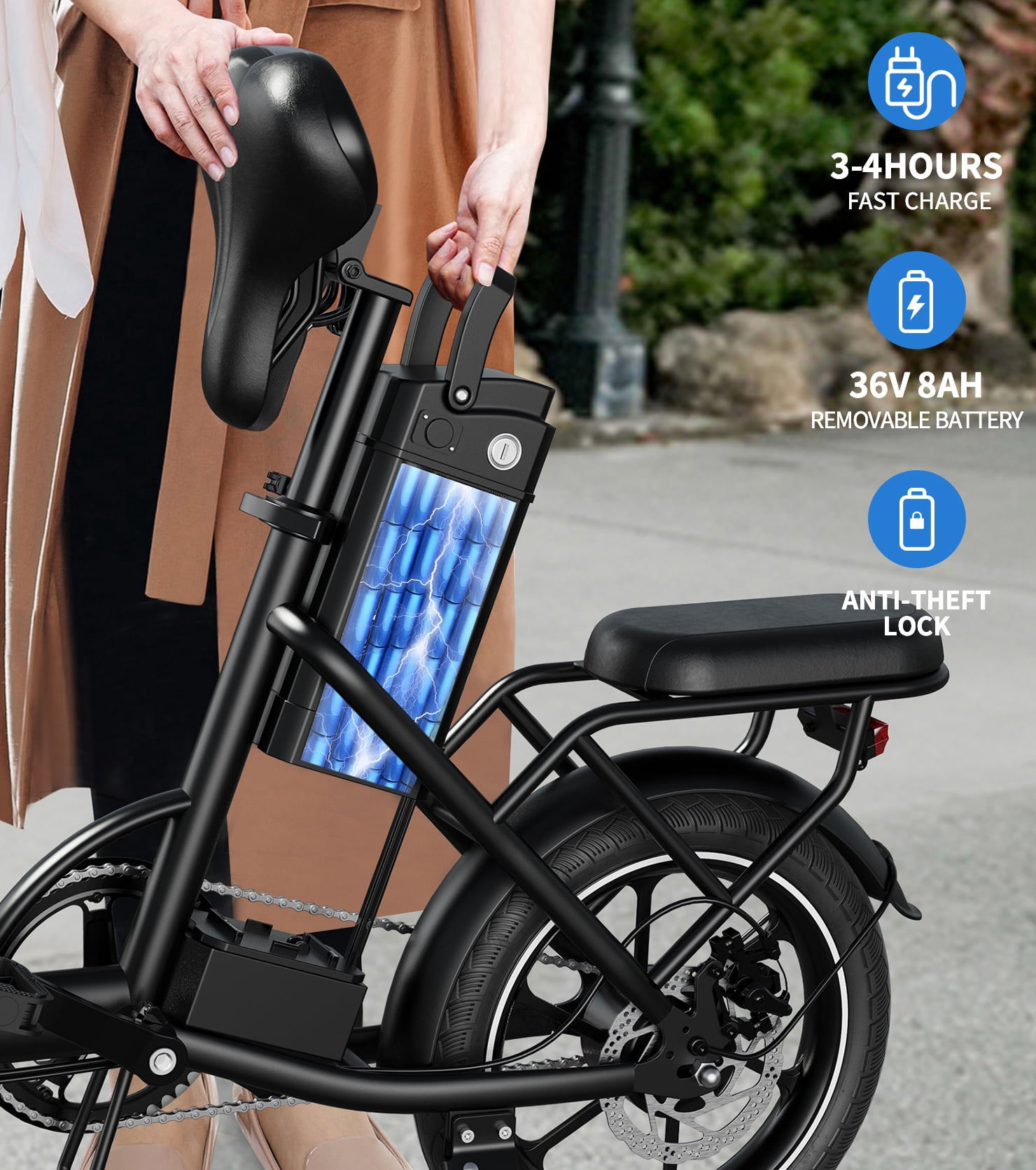 16" Folding Electric Bike for Adults – 630W Peak Motor, 20 MPH, 19–35 Miles Pedal Assist, Dual Suspension, Dual Disc Brakes, Removable Battery, LCD Display, Commuter Ebike