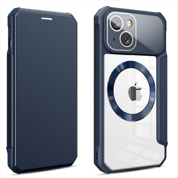 Flip Wallet Case for iPhone 14 (6.1 inch),Compatible with Magsafe,Hidden Magnetic Closure Folio Credit Card Slot Shockproof PU Leather Kickstand Transparent Back Phone Case,Blue