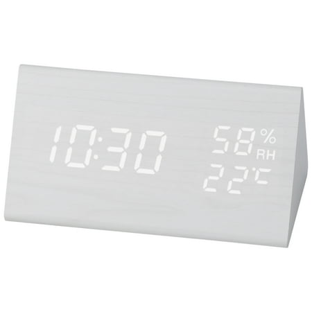 REGALWOVEN Triangular Electric Alarm Clock, Voice Function, Battery Backup, Wood Grain Casing Design, Fits Bedroom White 5.9L x 3.1W x 3.1H