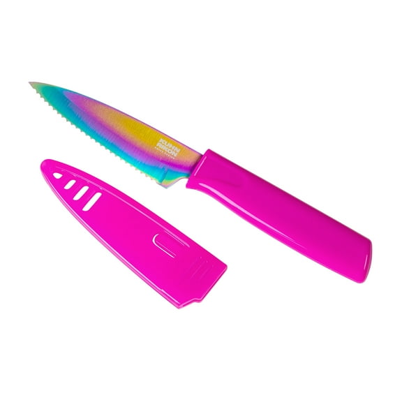Kuhn Rikon Colori Non-Stick Serrated Paring Knife with Safety Sheath, 4 inch, Rainbow