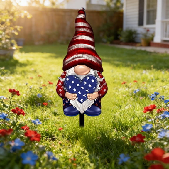 Patriotic Gnome Garden Stake Ornament, Red White Blue 4th Of July Outdoor Yard Art Decor Independence Day