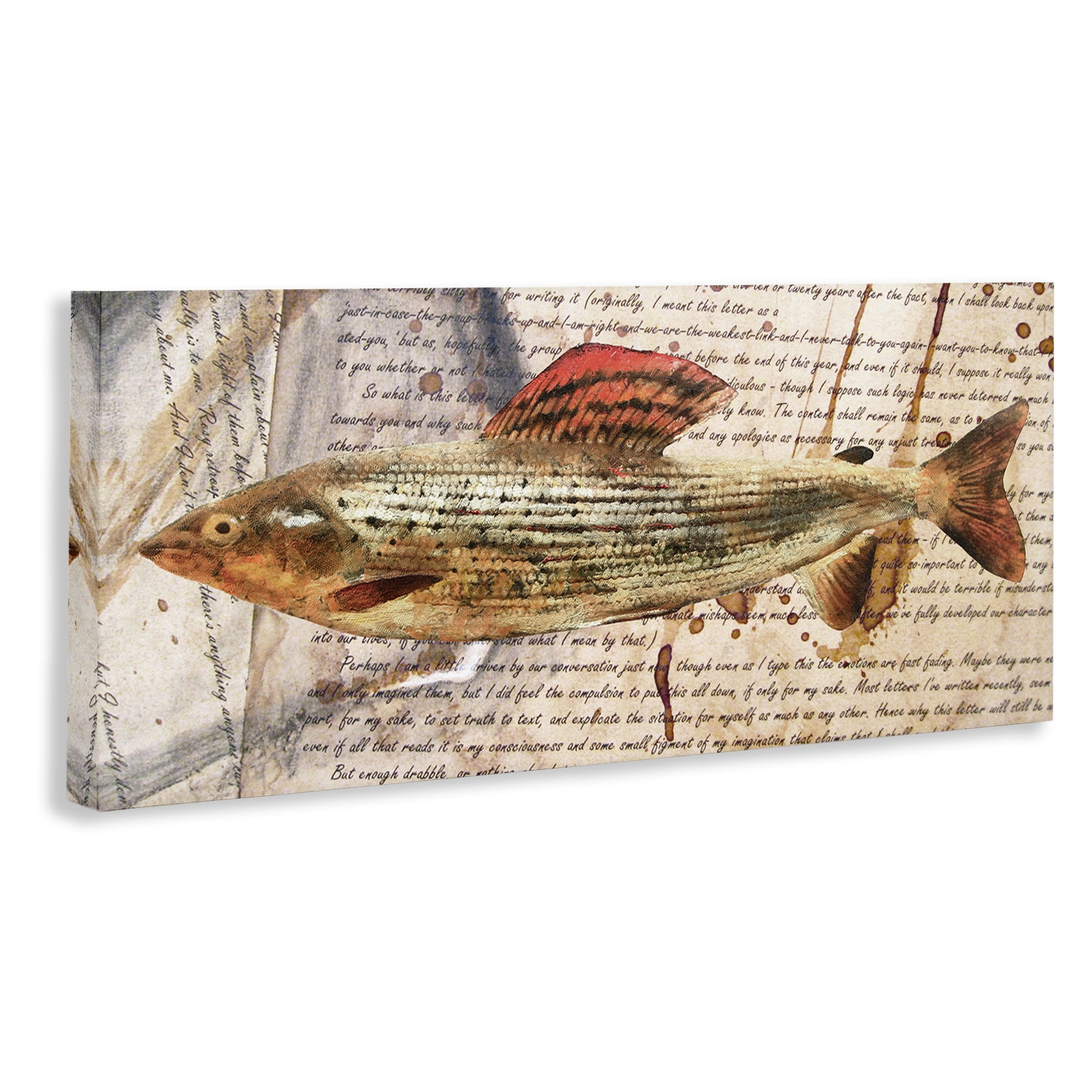 Stupell Industries Fish with Vintage Text Animals & Insects Painting Gallery Wrapped Canvas Art Print Wall Art, 24 x 10