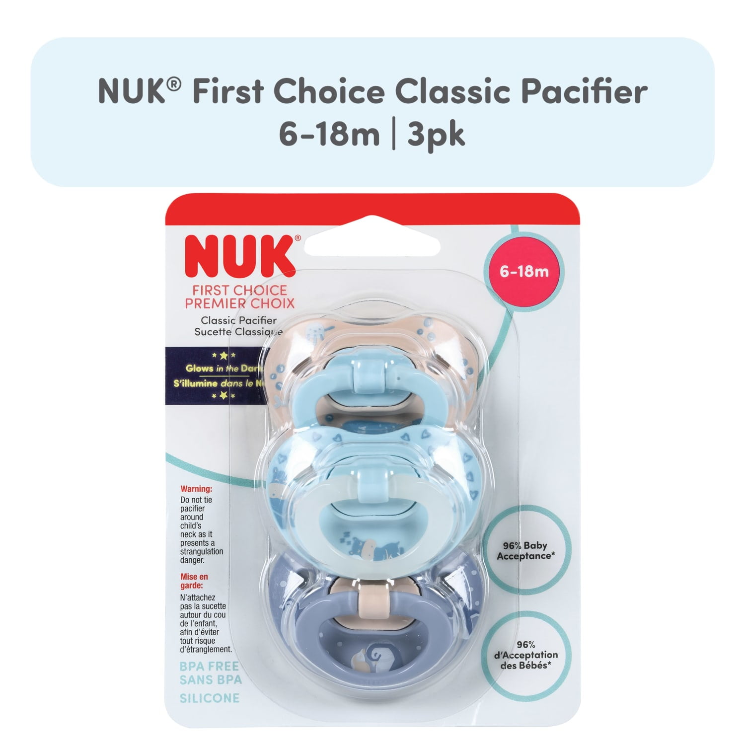 NUK First Choice Classic Pacifier, 6-18 months, 3-Pack