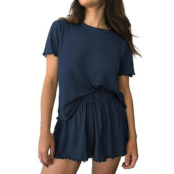 Jxximdong Pajamas for Women Set Womens Pajamas 2 Ribbed Knit Short Sleeve Sleepwear Set Blue Loungewear S