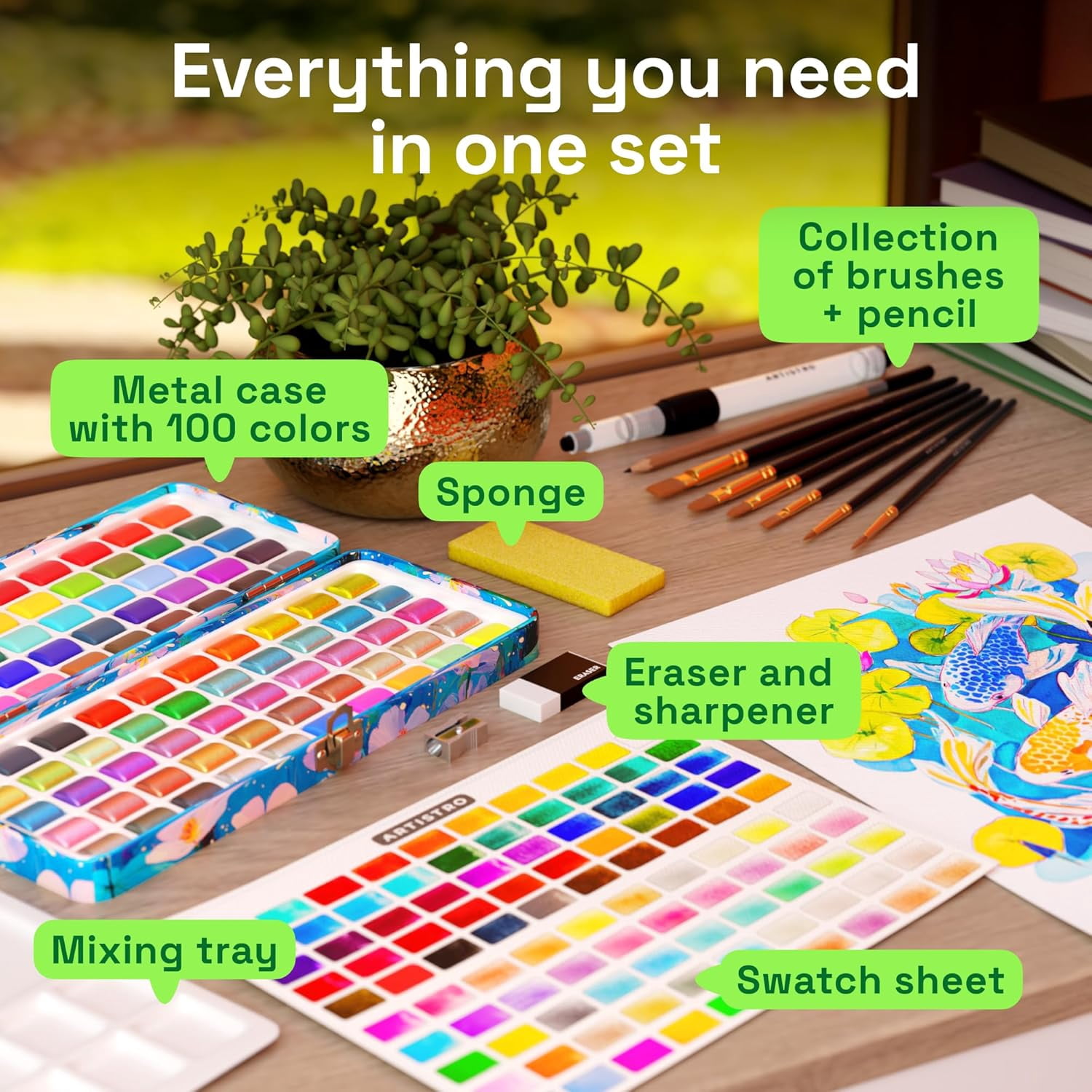 100 Color Watercolor Paint Set - Portable Paint Art Kit with Palette and Brush Pens - Travel Water Color Set for Adults, Professionals, Kids - Art and Painting Supplies - Gift Idea