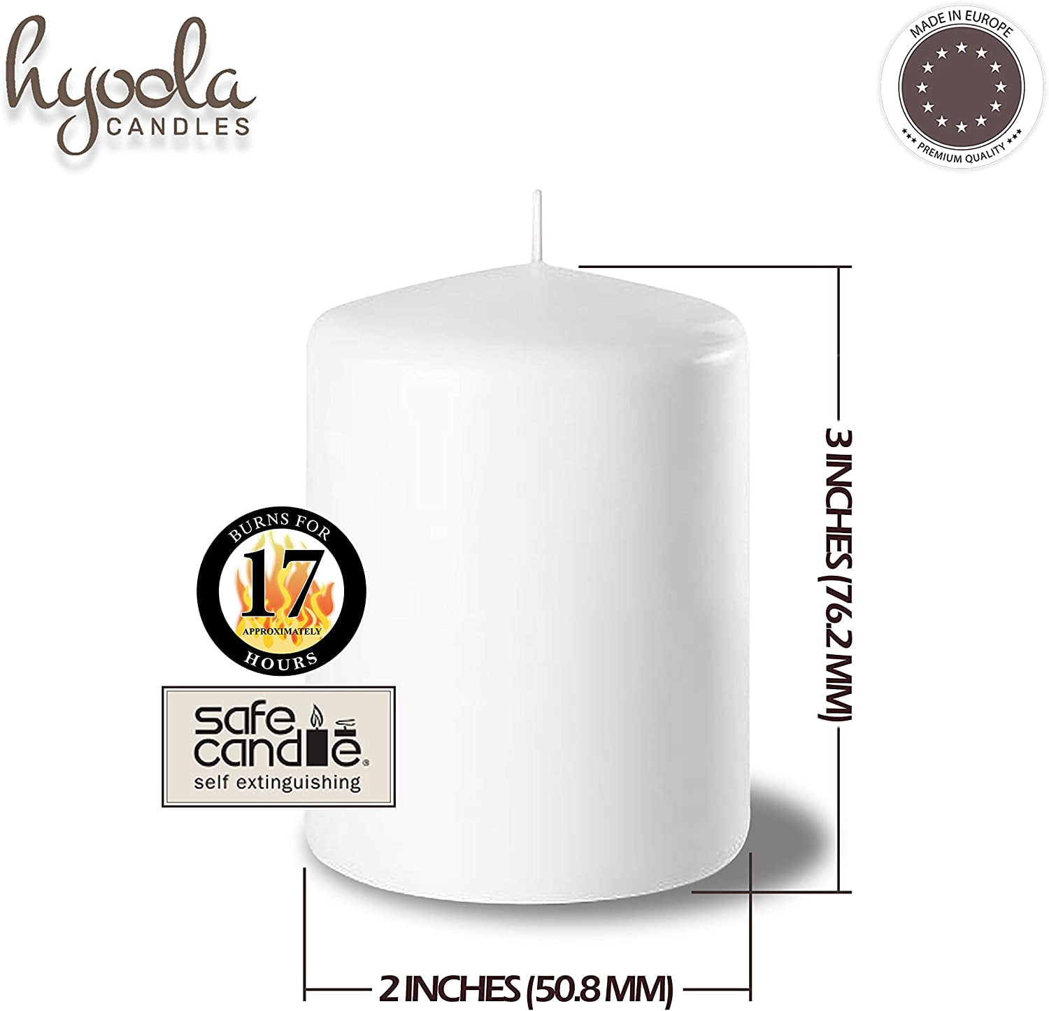 Hyoola 2 x 3 White Unscented European Made Pillar Candles, Dripless Paraffin Wax with Smokeless Cotton Wick, 24-Pack