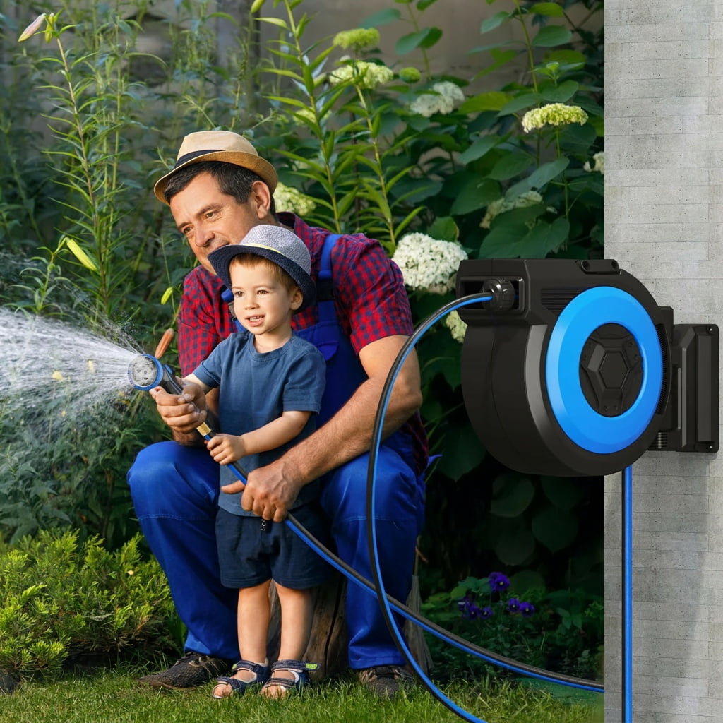 Legooin 82ft x 5/8 in Retractable Hose Reel, Wall Mount Garden Hose Reel for Outdoor Water Hose with 10-Pattern Sprayer Nozzle, Auto Rewind, Length Lock, 180° Swivel