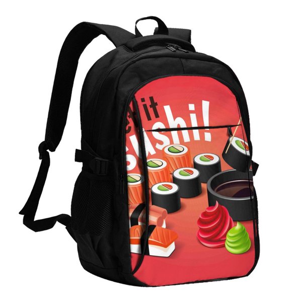 Balery Sushi Mochila con carga USB para hombre y mujer - Mochila impermeable y antirrobo para laptop con puerto USB para viajes, trabajo
