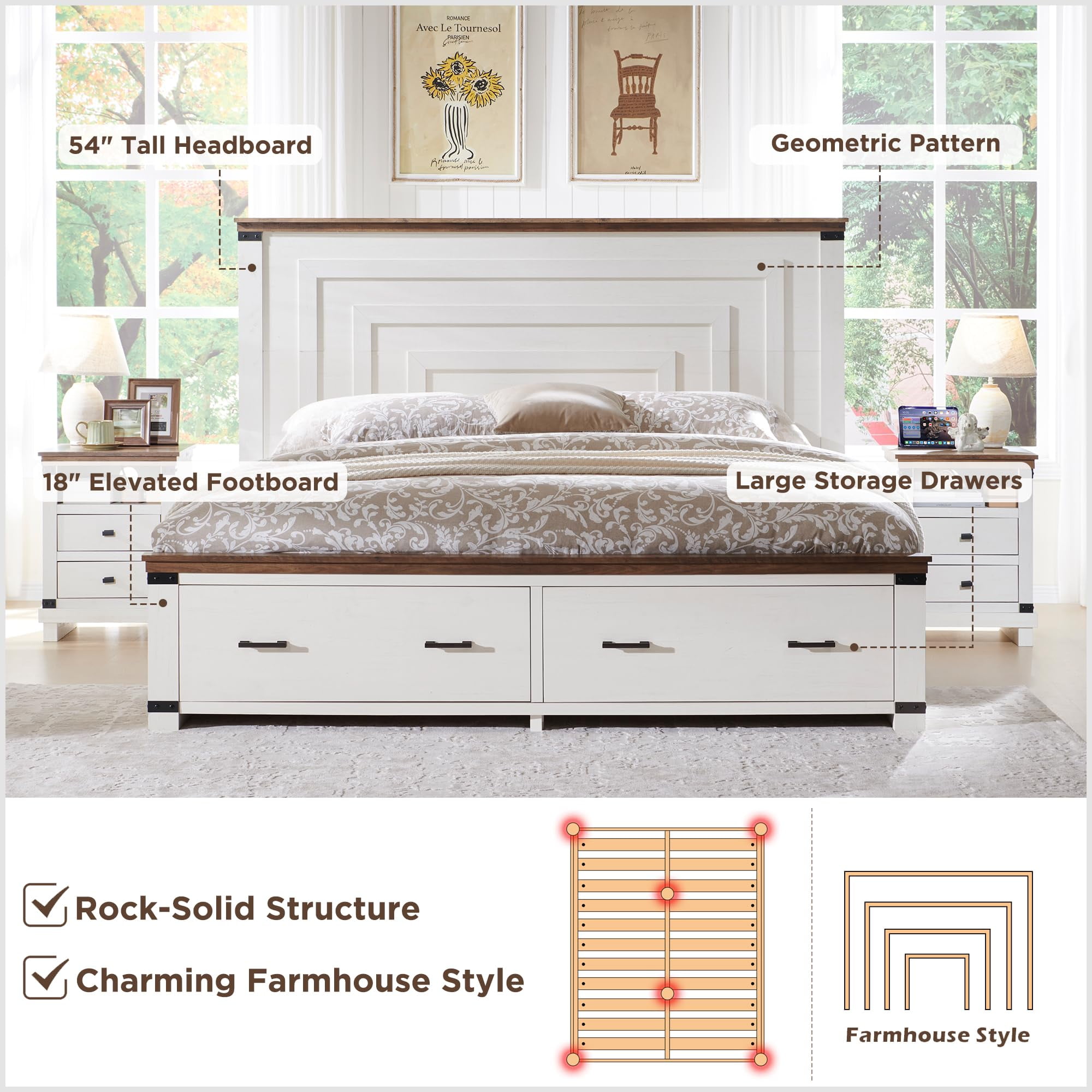 OKD Queen Size Bed Frame W/ 54" Tall Geometric Headboard, Farmhouse Wood Platform Bed W/ 2 Large Storage Drawers, No Box Spring Needed, Antique White