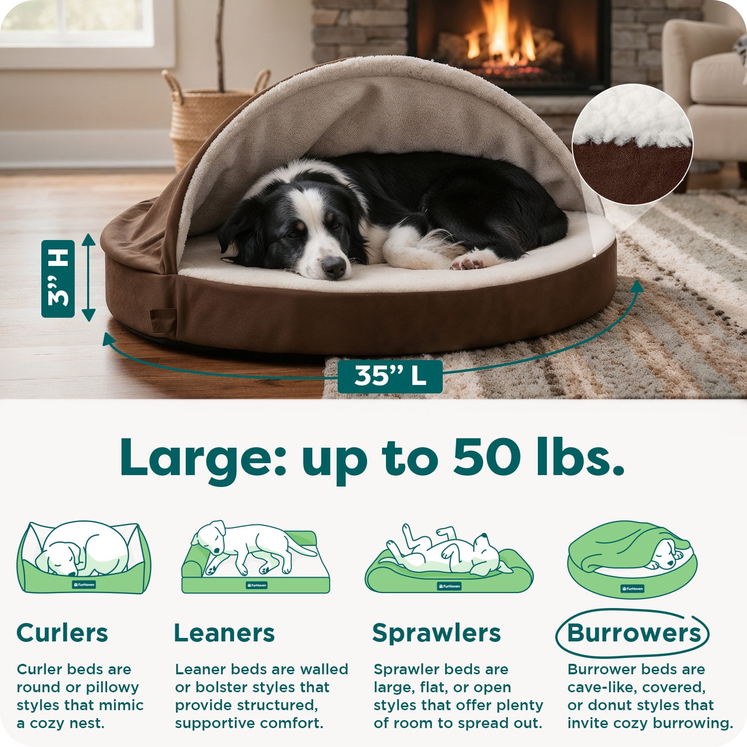 FurHaven Round Orthopedic Dog Bed for Large Dogs, Cool Gel-Top Foam with a Solid Orthopedic Foam Base, Attached Blanket Hood and Washable Cover, Large, Faux Lambswool & Suede Snuggery, Espresso, 1 Co