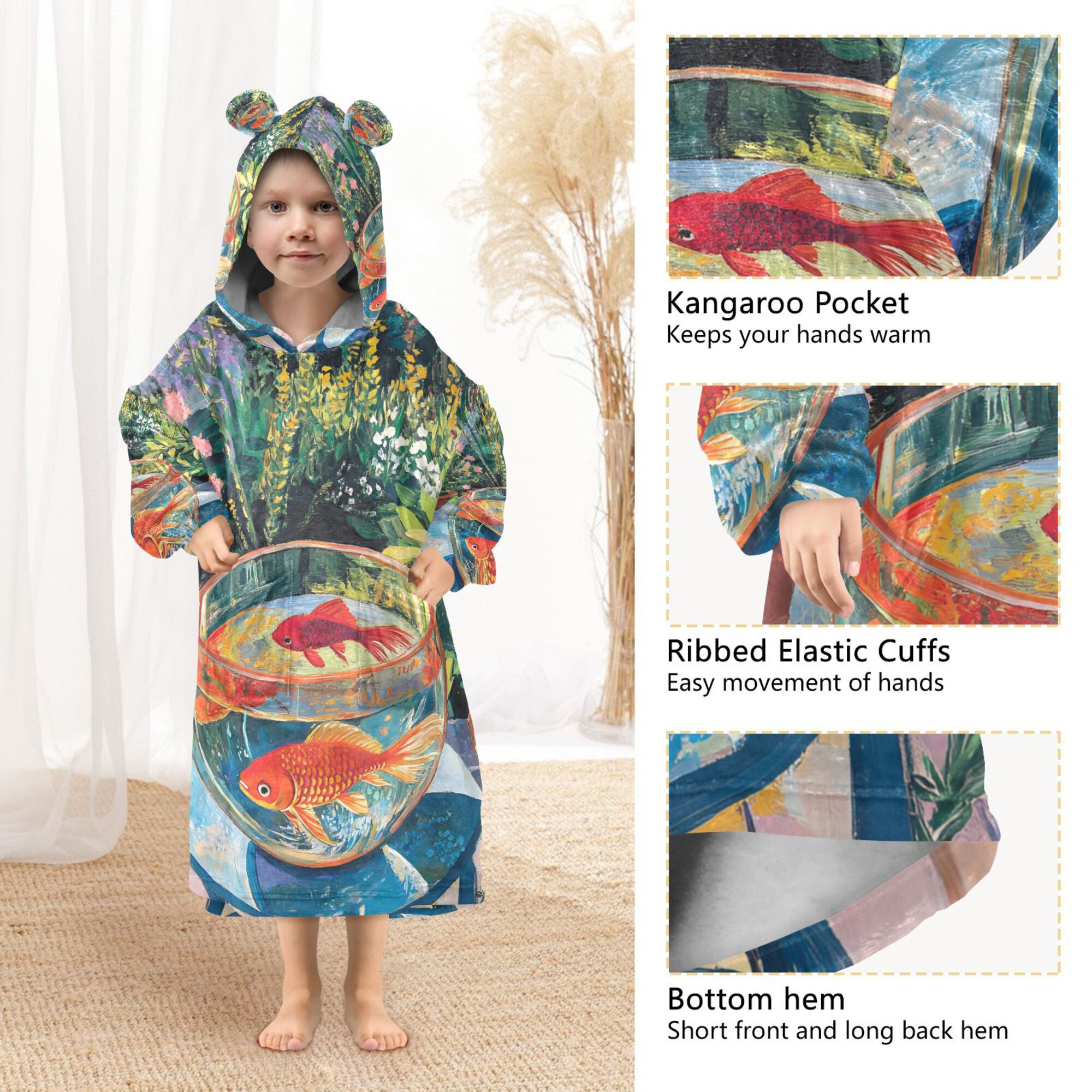 FORMRS Wearable Blanket Hoodie with Sleeves for Kids Cozy Flannel Sweatshirt, Art Goldfish Bowl