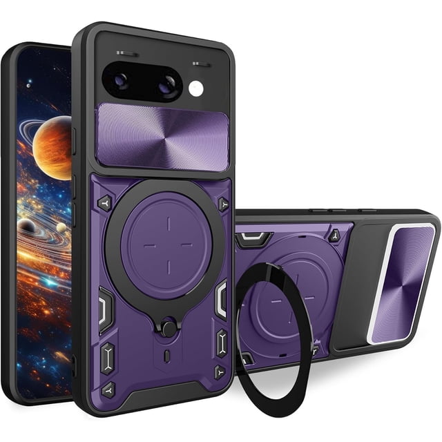 REQO Armor Case for Google Pixel 9a with Rotatable Kickstand, Military Grade Shockproof Protective Phone Case with Slide Camera Cover for Google Pixel 9a