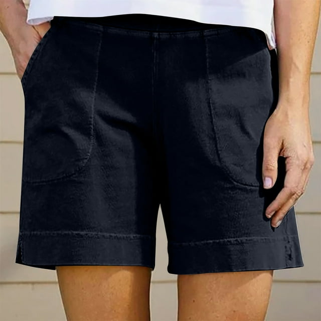 LOVZFMLL Short d'Été Uni en Coton pour Femme avec Poches, Décontracté, Noir G