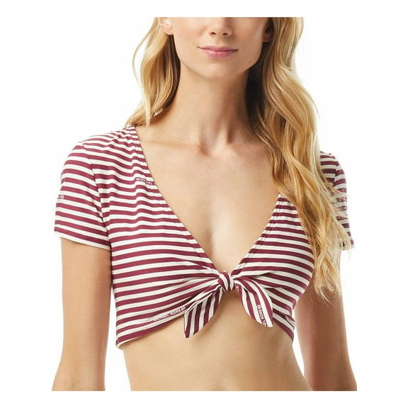 MICHAEL MICHAEL KORS Women's Maroon Striped Stretch Tie-Front Lined Deep V Neck Bikini Top XS