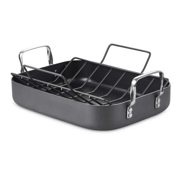 Cooks Standard Turkey Roasting Pan with Rack, Hard Anodized Nonstick 16-Inch x 12-Inch Chicken Ham Roaster Pan Multi-Use Grill Pan with Handles, Black