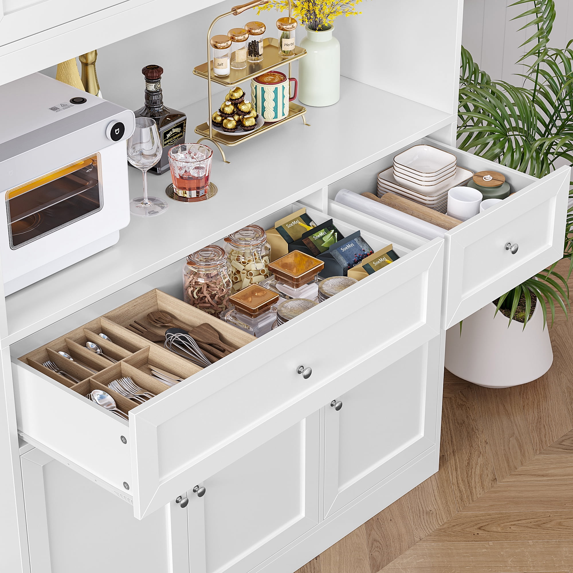 Homfa 72" Tall Kitchen Pantry with Microwave Shelf, Freestanding Kitchen Cupboard, Floor Cabinet for Dining Room, White