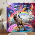 thumbnail image 2 of Funny Cat Shower Curtain Boys Kids Bathroom Decor, Cool Cat Riding Dinosaur On Fantasy Galaxy Hilarious Shower Curtain, Funky Outer Space Universe Anime Shower Curtain Fabric with 12PCS Hooks, 36X70IN, 2 of 6
