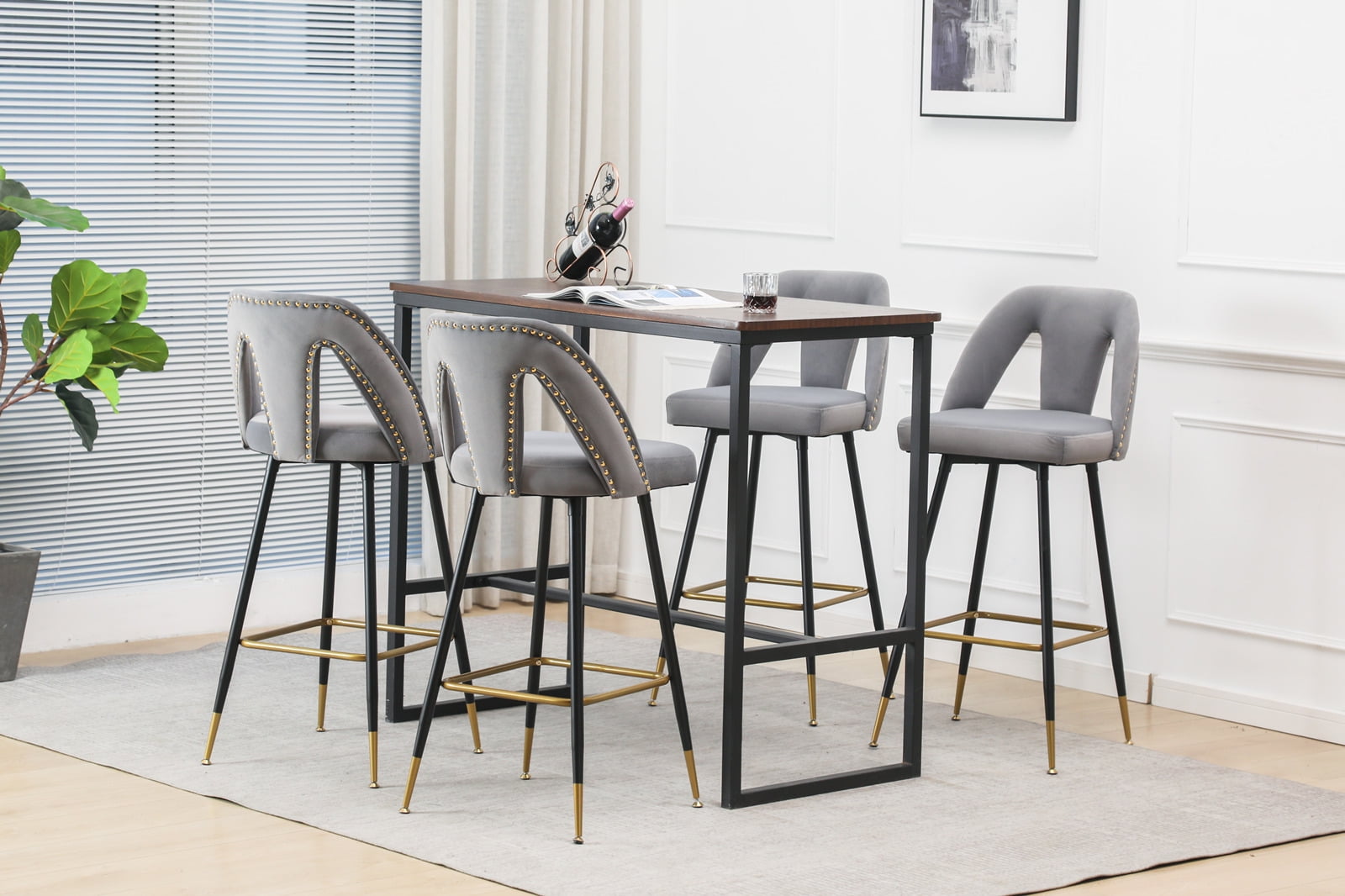 Private Jungle Set of 2 Velvet Upholstered Connor 28" Bar Stool & Counter Stools with Nailheads and Gold Tipped Black Metal Legs,Gray Private Jungle Set of 2 Velvet Upholstered Connor 28" Bar Stool & Counter Stools with Nailheads and Gold Tipped Black Metal Legs,Gray
