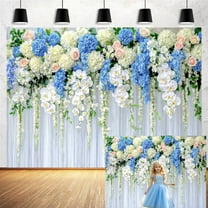 7x5ft White & Blue Floral Photography Backdrop - Spring Botanical Flowers Background for Wedding, Birthday Party, Baby Shower Decor and Wall Display