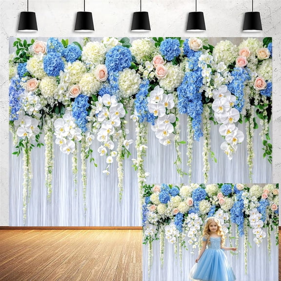 7x5ft White & Blue Floral Photography Backdrop - Spring Botanical Flowers Background for Wedding, Birthday Party, Baby Shower Decor and Wall Display