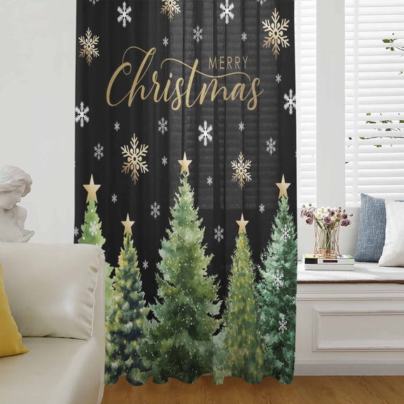 Christmas Tree Semi Sheer Curtains Drapes for Living Room,Bedroom,French Doors Window 54 Inches Long,Winter Snowflakes Xmas Pine Tree Black Rod Pocket Chiffon Curtain Drapery Voile Draperies Panel
