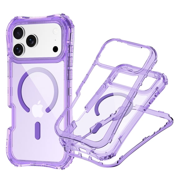 for iPhone 17 Pro Magnetic Case, [Compatible with Mag-Safe] Translucent Clear Phone Case Slim Shockproof Triple-Layers Drop Protective Hybrid Cover with Wrist Strap for iPhone 17 Pro, Purple