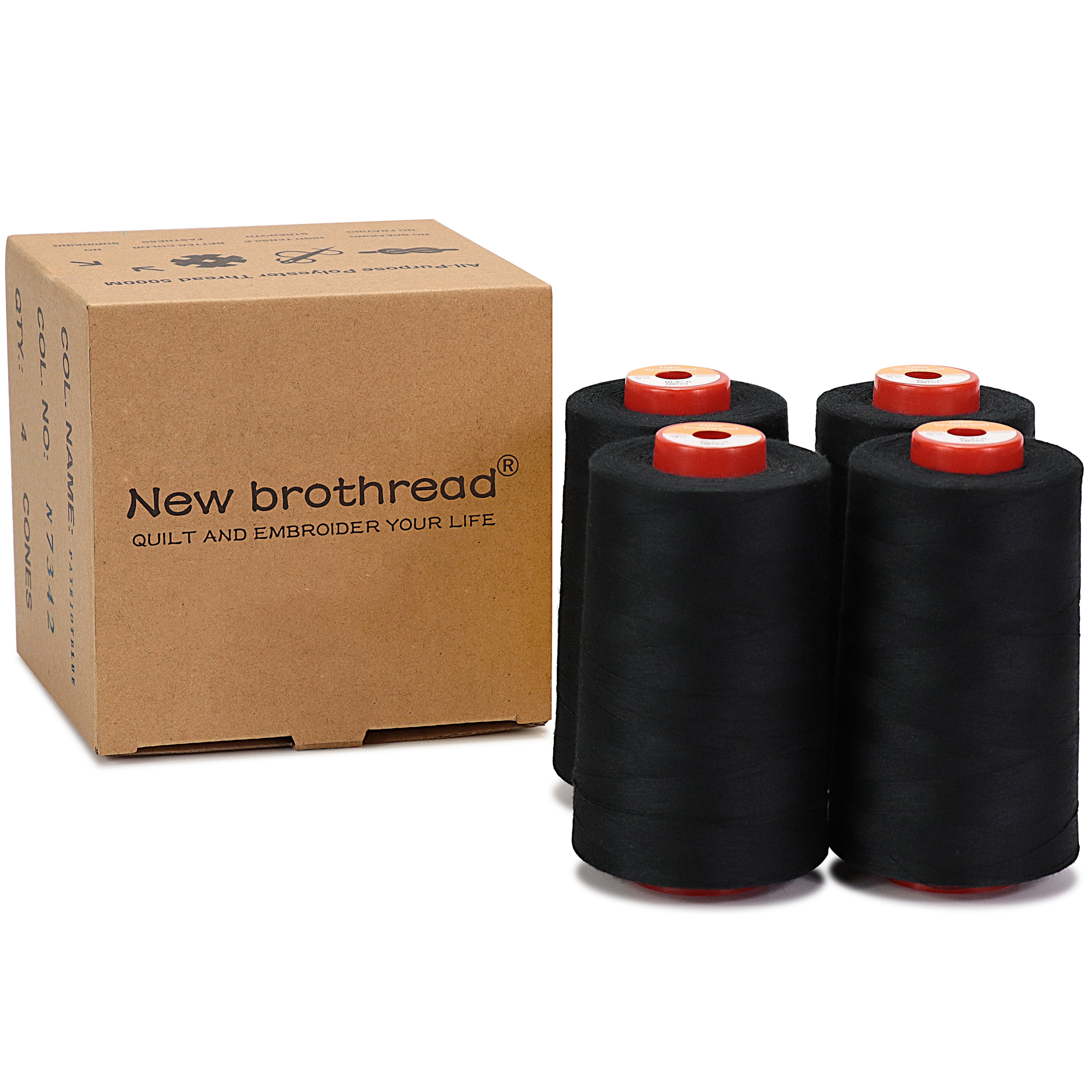 New brothread 4 Large Cones of Polyester Sewing Serger Quilting Thread - 5500Y (5000M) - Black