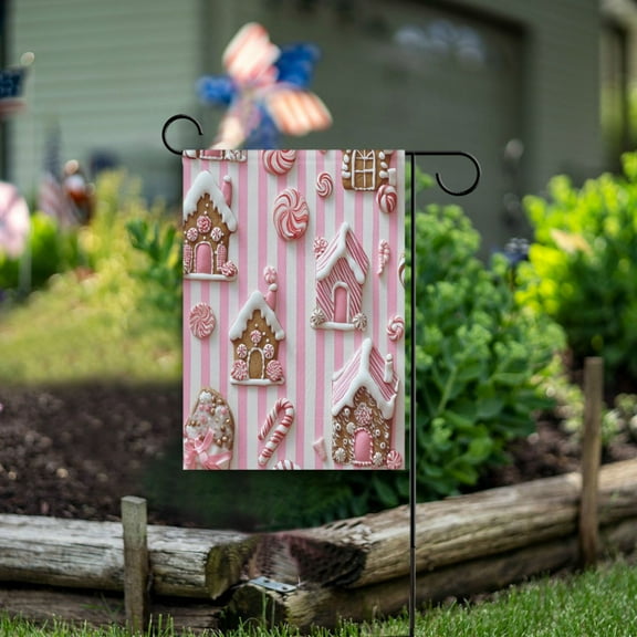 Yayeee Garden Flag 12"x18" Double Sided Outdoor Yard Lawn Holiday Decorations, Pink Gingerbread Houses