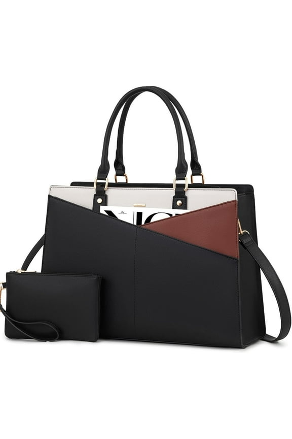 Work Tote Bag for Women, Multi-Pocket Laptop Tote Shoulder Bag Fit 15.6 in Laptop, Pu Leather Office Briefcase with Small Clutch Bag