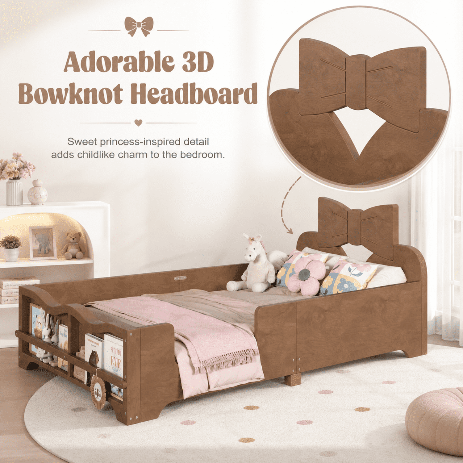 Miniyam Kids Twin Montessori Floor Bed with Guardrails and Built-In Bookshelf, Bowknot Headboard, Brown