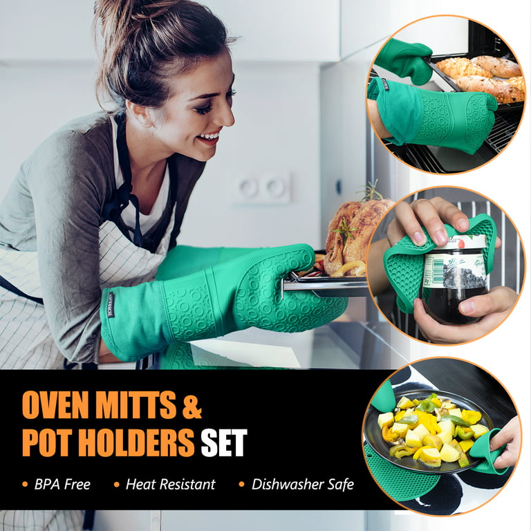 Extra Long Oven Mitts and Pot Holders Sets, RORECAY Heat Resistant Silicone  Oven Mittens with Mini Oven Gloves and Hot Pads Potholders for Kitchen  Baking Cooking, Quilted Liner, Green, Pack of 6 