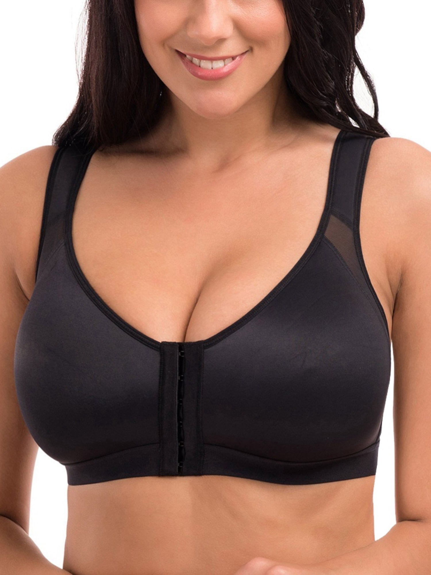 Women's Easy Front Close Wirefree Sports Bra,7 Front Hooks with Shoulder  Adjustable Hooks Shockproof High Impact Racerback Active Padded Workout  Bras,Yoga Gym Running Breathable Push Bra,30-42 Black 