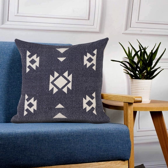 Laddha Home Designs Handwoven Southwestern Tribal Cotton Throw Pillow Cover - 20" - Blue and White