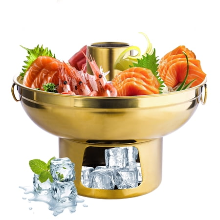 Golden Stainless Steel Ice Chilled Party Platter, Serving Tray with Dry Ice Underneath, Reusable Hotpot Cold Food Buffet Server for Fruit Snack Milk Tea Appetizer Ice Cream