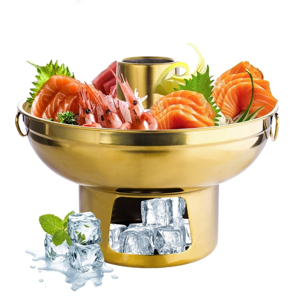 Golden Stainless Steel Ice Chilled Party Platter, Serving Tray with Dry Ice Underneath, Reusable Hotpot Cold Food Buffet Server for Fruit Snack Milk Tea Appetizer Ice Cream
