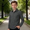 thumbnail image 2 of Tisuna Boys Long Sleeve Button Down Shirt Child Solid Color Lapel Collar Tops Classic Fit Comfortable Kids School Festival Daily Wear Dark Gray Size 7-8 Years, 2 of 4