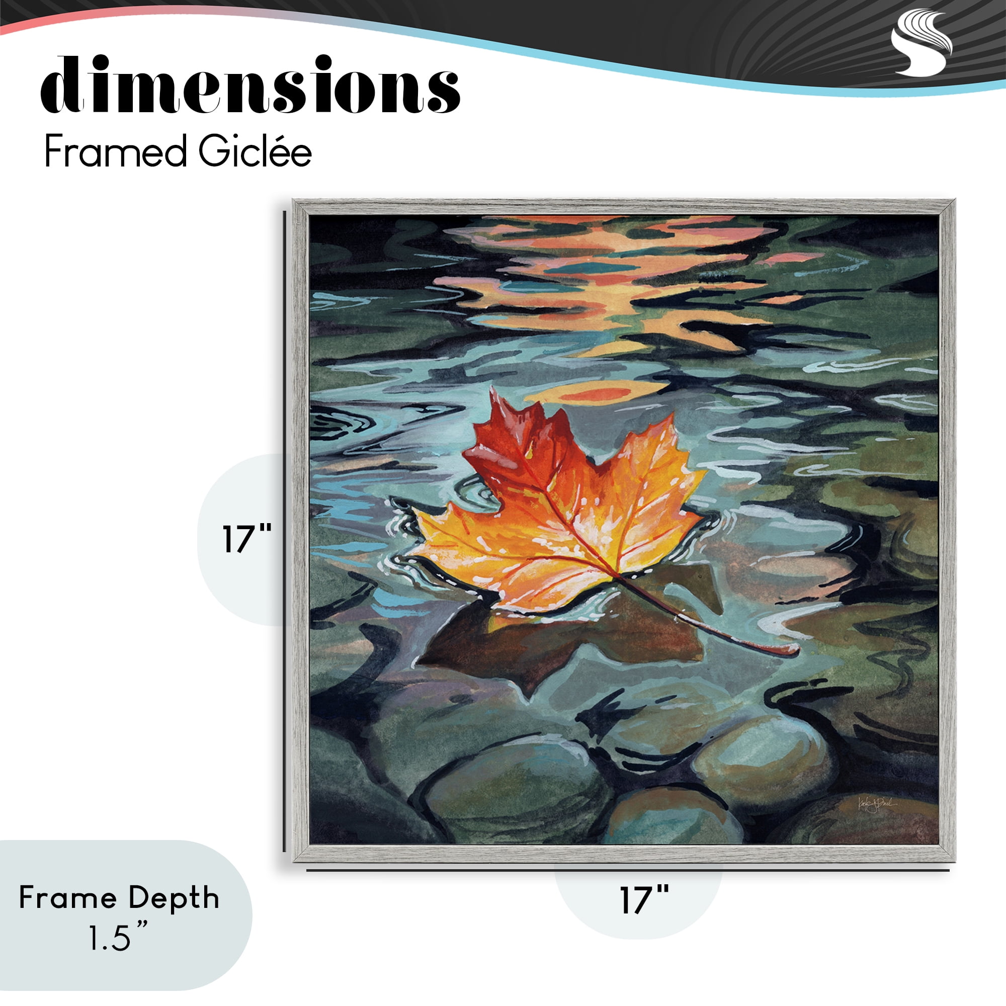 Stupell Industries Maple Leaf Floating in Stream Gray Framed Giclee Art, design by Kate Jarvik Birch