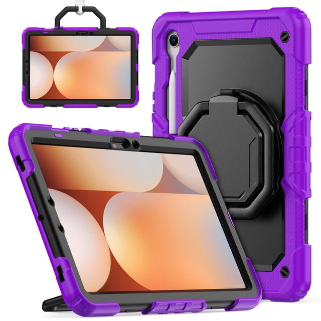 for Samsung Galaxy Tab S10 Lite/S10 FE/S9 FE/S9 Case 11 inch, 360 Rotating Shockproof Cover with Stand, Handle, Shoulder Strap (SM-X520/X510/X710), Purple