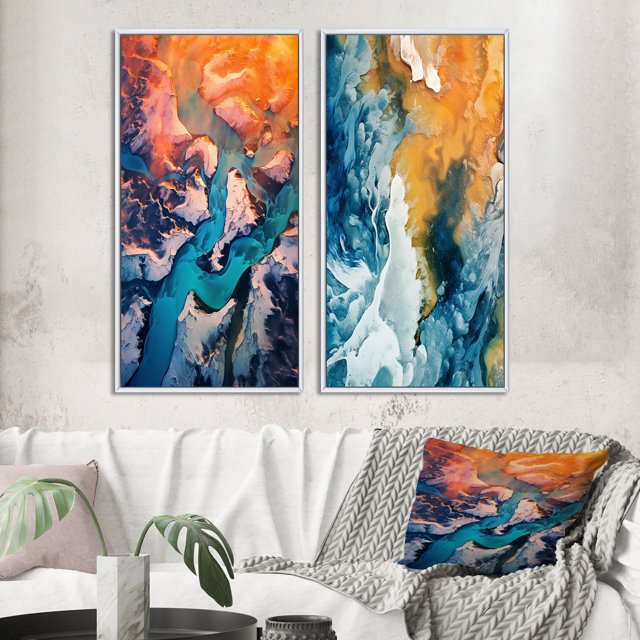 Designart "Majestic Aerial View Arctic Rivers and Icebergs V" Glacier Framed Wall Art Set Of 2 - Country Blue Frame Gallery Set For Office Decor