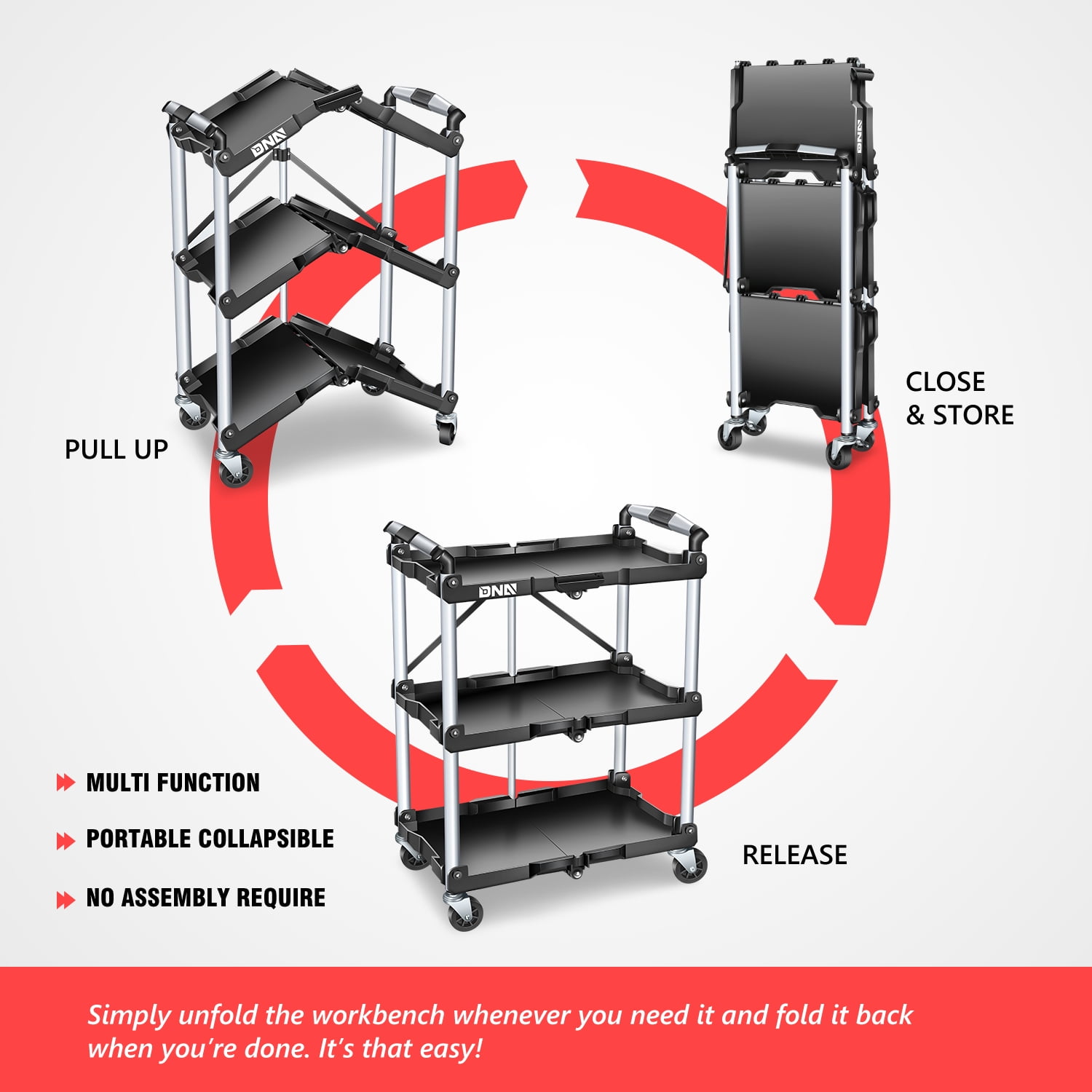 DNA MOTORING TOOLS-00430 3 Tier Folding Rolling Service CartCollapsible Utility Cart for Warehouse Workshops Restaurants