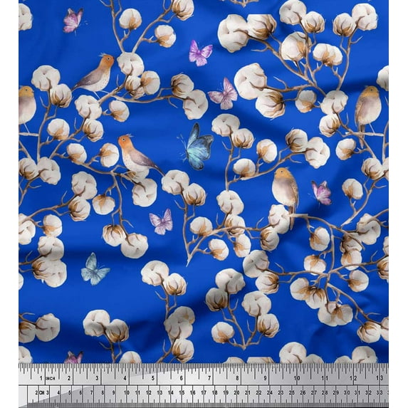 Soimoi Blue polyester Crepe Fabric Butterfly,Robin & Cotton Ball Floral Print Sewing Fabric Yard 52 Inch Wide