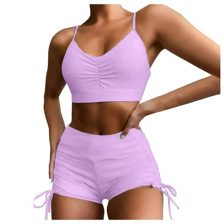 Cethrio Bathing Suit for Women- Solid Sexy Slim High Waist Belly Covering Conservative Split Suit Swimwear Purple