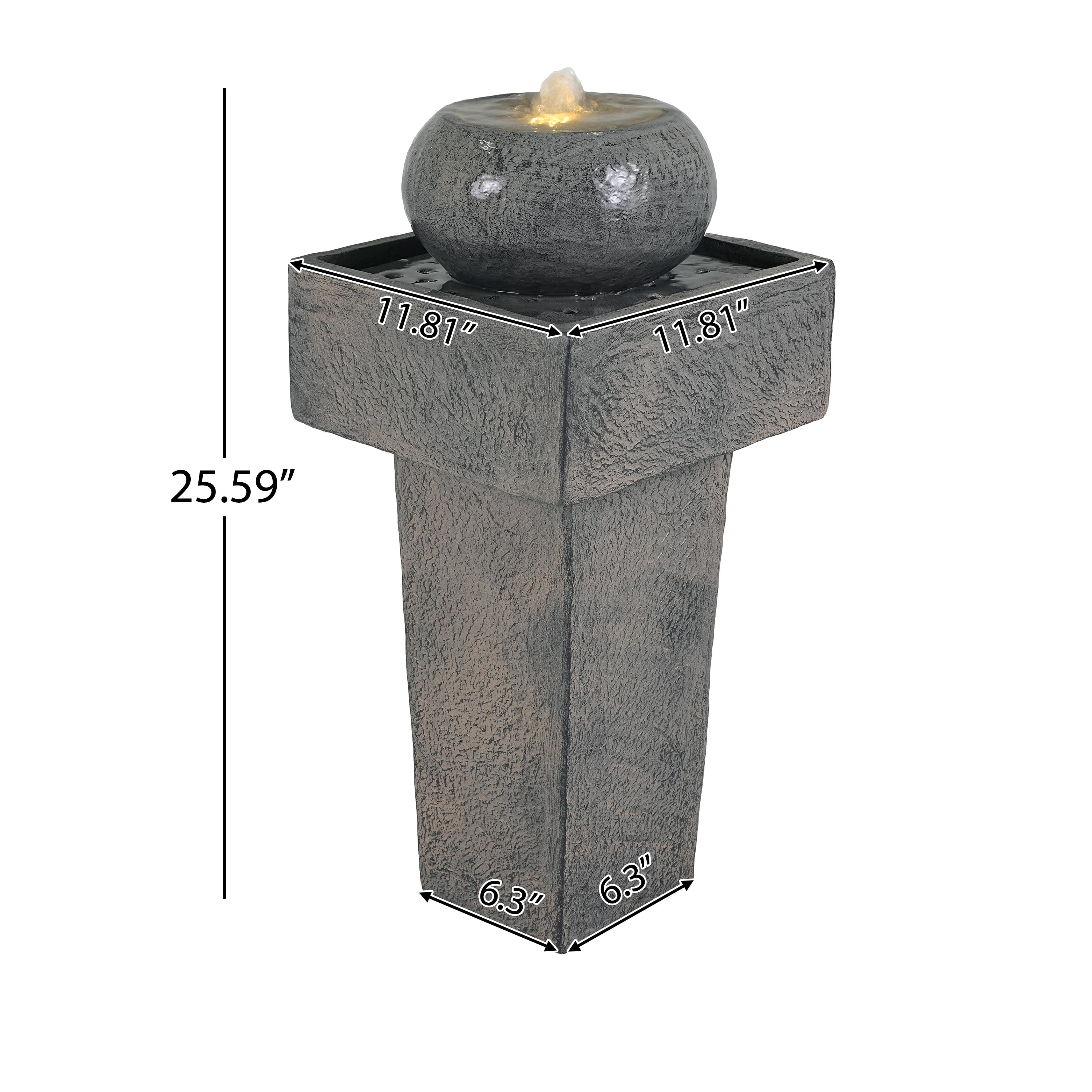 Mintazer 26"H Modern Stone Textured Pedestal Sphere Fountain, Weatherproof Concrete Outdoor Water Feature with Warm LED Light & Recirculating Pump for Patio Garden Backyard Decor, Gray