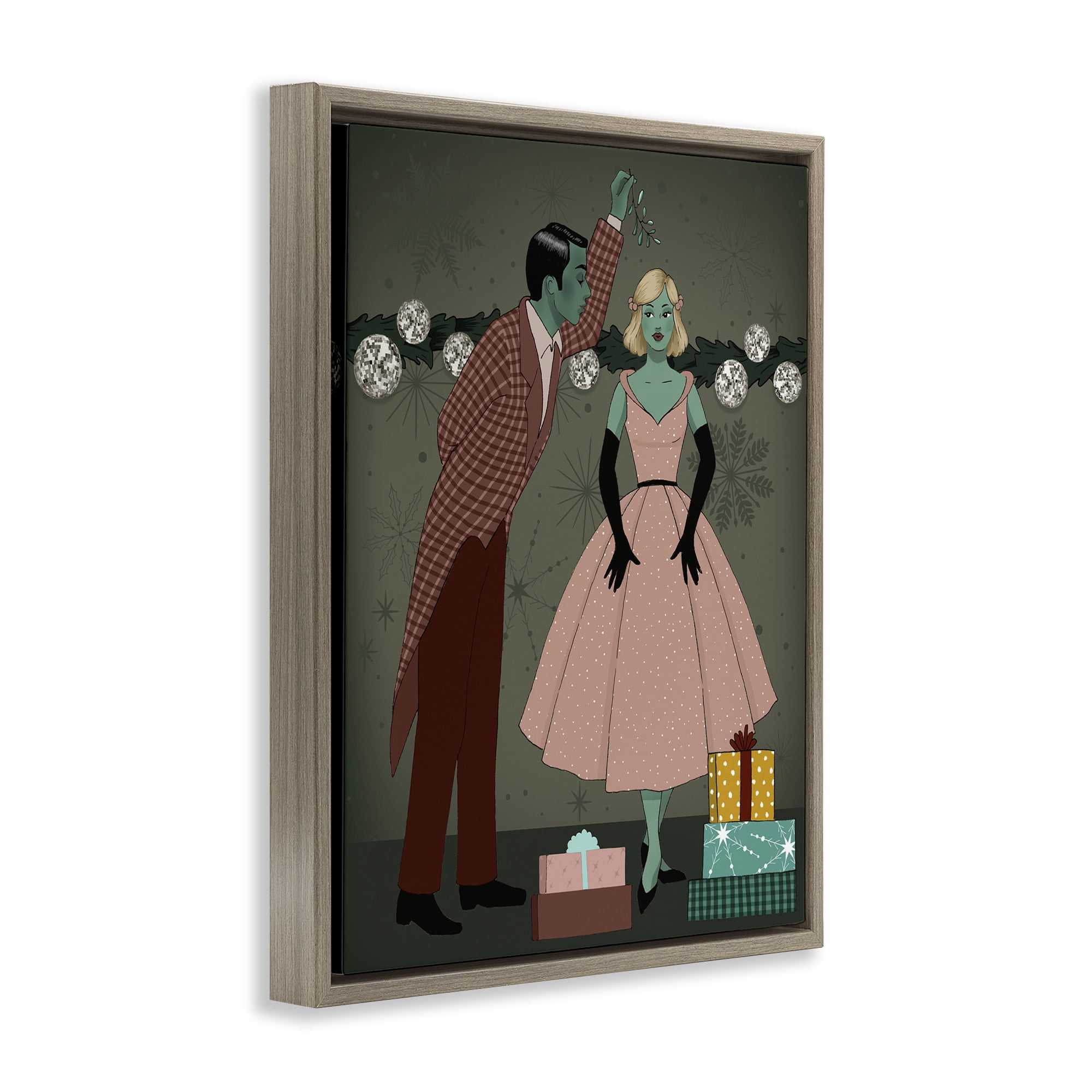 Stupell Industries Romantic Christmas Kiss Holiday Painting Brown Floater Framed Art Print Wall Art, 25 x 31