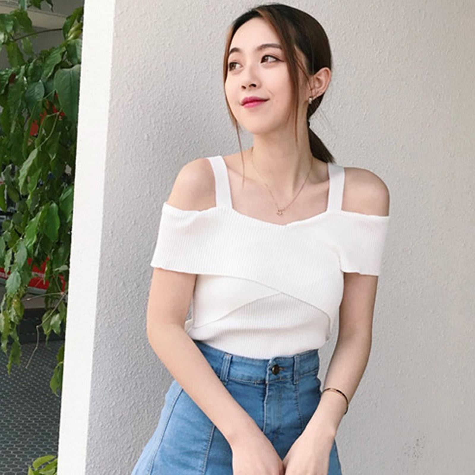 トップス honkyo 26ss Off - Shoulder Loose Top Women's Off Shoulder Crisscross Front Wide Shoulder Straps Short